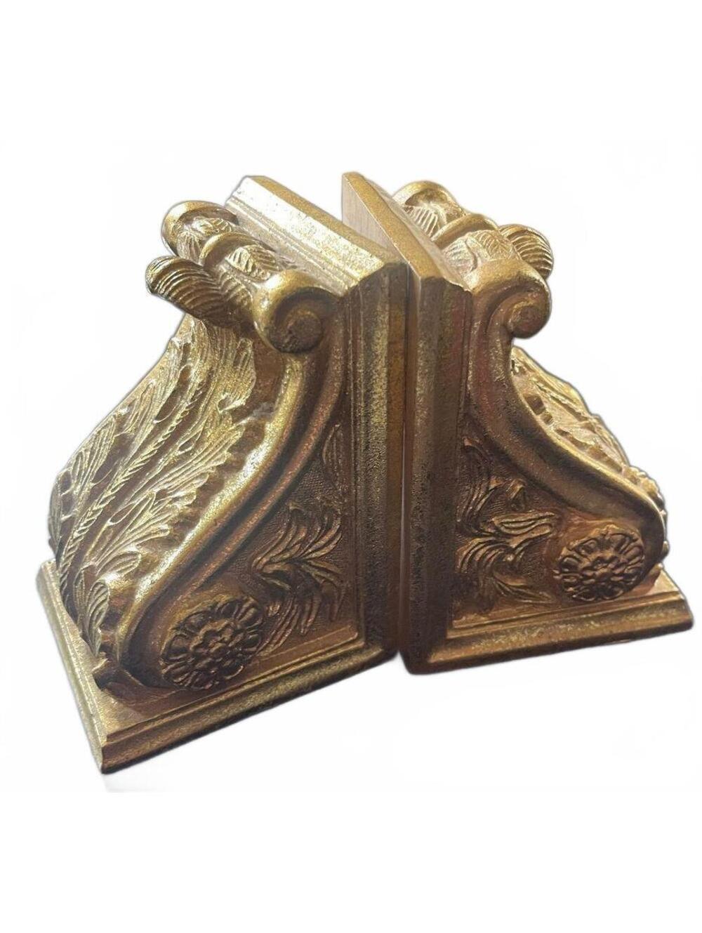 Vintage Decorative Gold-Tone Bookends with Ornate Leaf and Floral Design